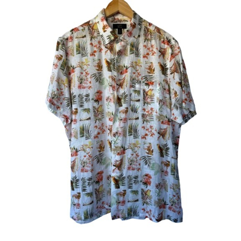 Club Room Luxury Button Up Shirt Mens L Linen Tropical Bird Floral Beach Coastal